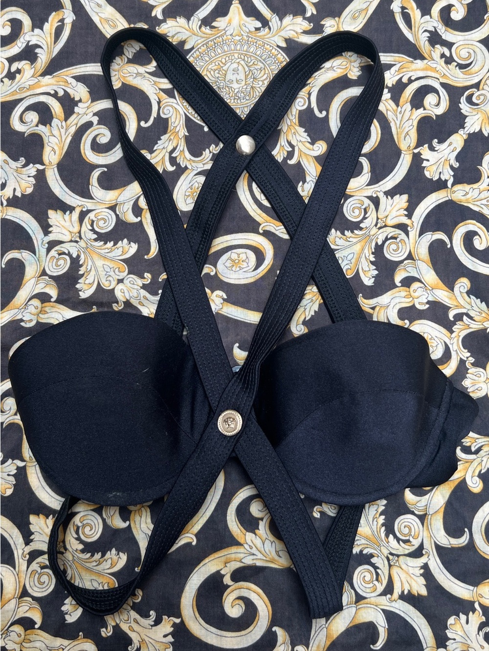 Versace Medusa bondage-style multi-strap bandeau bikini top or bralette.